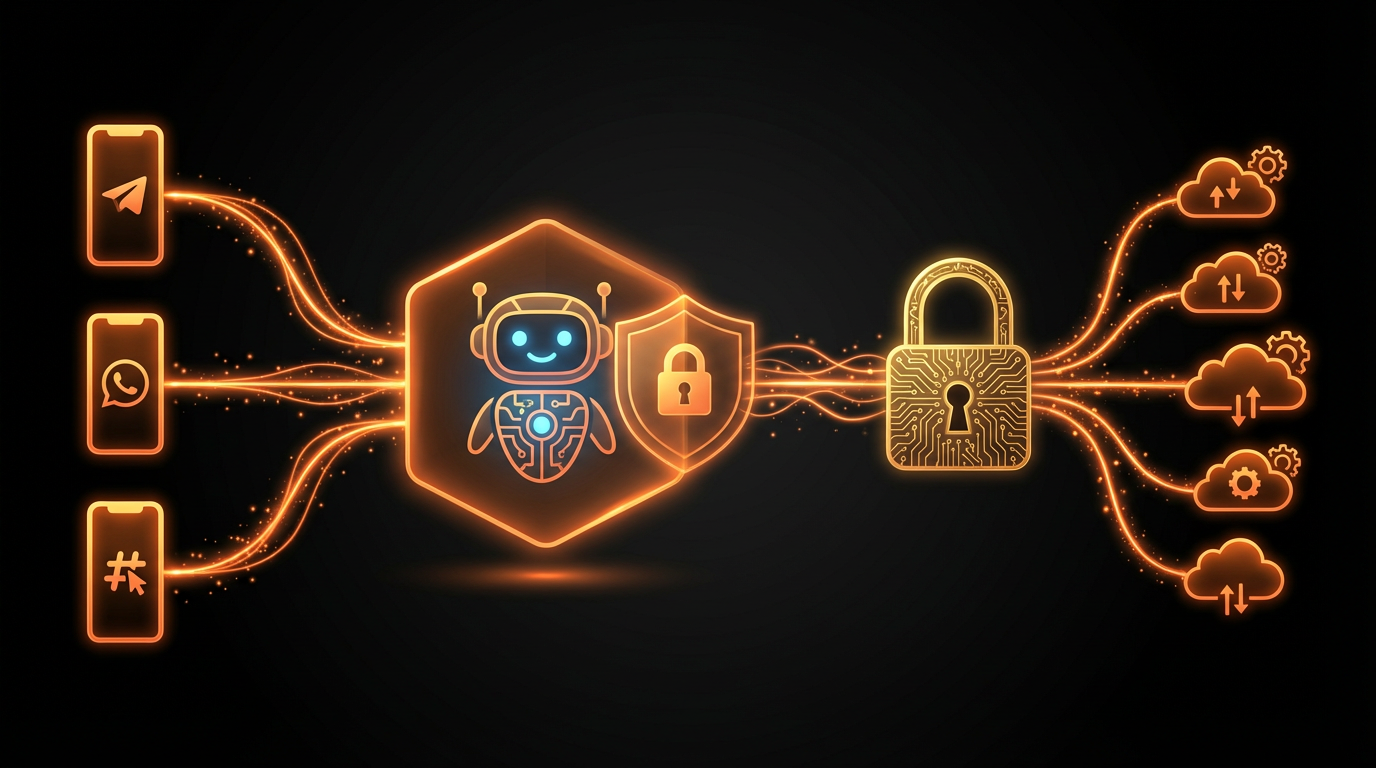 HireOpenClaw Security Architecture - Private channels connect to your isolated AI employee through a secure keyring proxy to external APIs